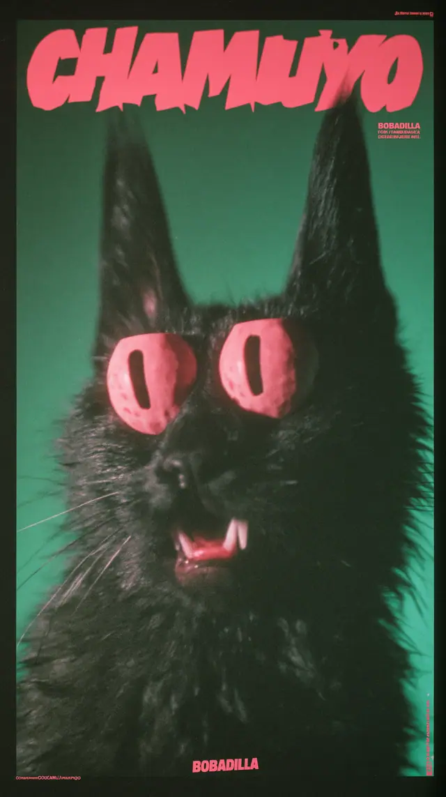 Afiche de CHAMUYO: gato negro con ojos rosas y el wordmark en tipografía de graffiti